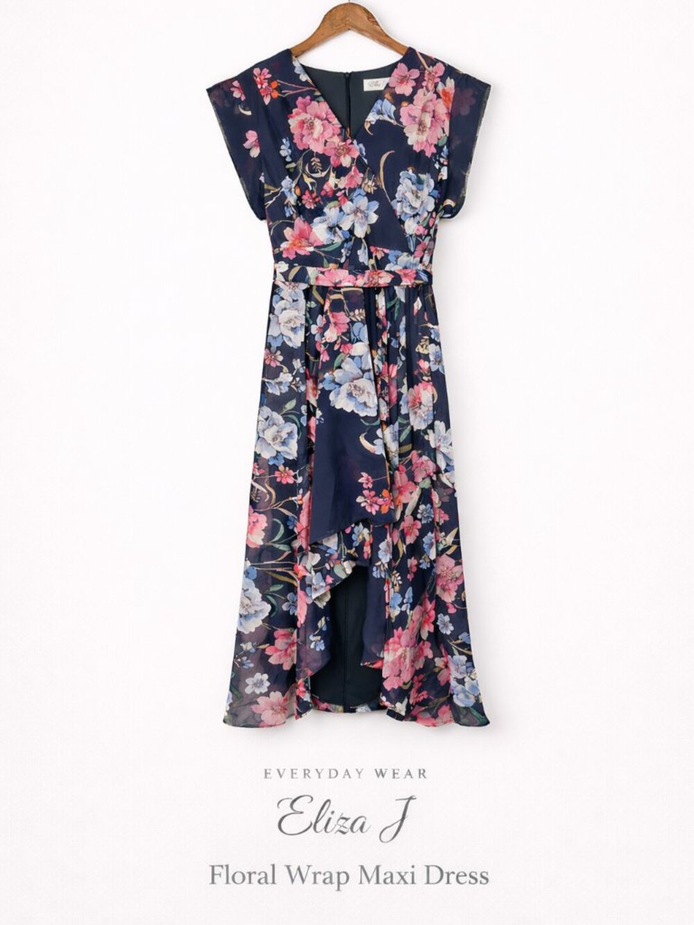 Eliza J Navy Floral Chiffon Wrap Maxi Dress Belted Size 8 Petite